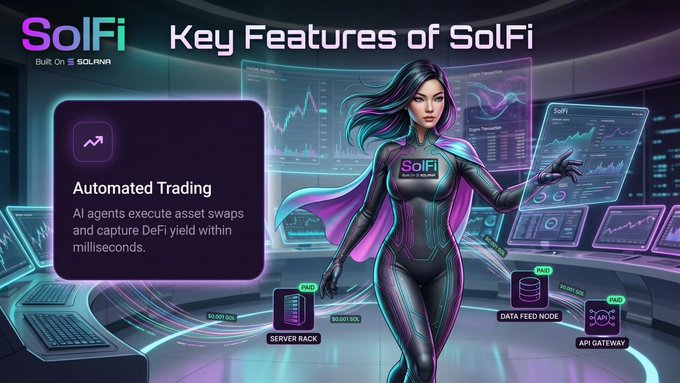 The image promotes "$SOLFI" with the headline "Key Features of SolFi" and highlights "Automated Trading," describing how AI agents execute asset swaps and capture DeFi yield within milliseconds. It features a futuristic female figure in a SolFi-branded suit surrounded by data dashboards, server racks, and API gateways, visually reinforcing the post's claim of Solana-powered, tech-focused finance innovation.