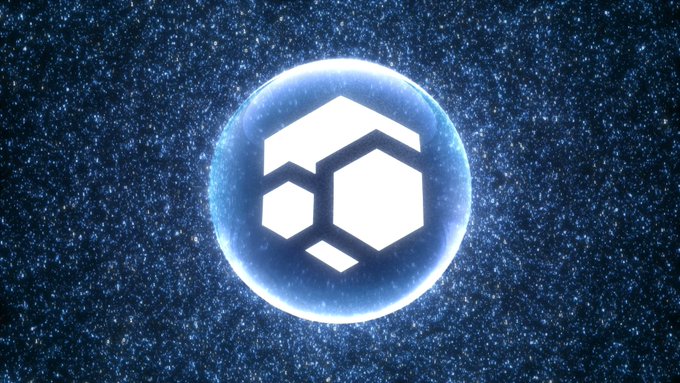 The image features a logo with a hexagon shape surrounded by blue stars against a dark background. The text "FLUX continues building despite a weak crypto market." indicates that the company is still actively developing and expanding its services, even during challenging times in the cryptocurrency world.