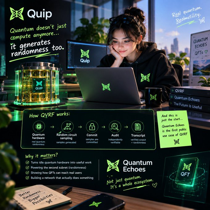 A young woman works at a laptop displaying the "Quip" butterfly logo in a modern office, surrounded by a cylindrical quantum device labeled "QUIP," branded merchandise including a "QVRF" mug and "Quantum Echoes" book, and infographics explaining Quantum Verifiable Random Functions (QVRF) and the QFT token, illustrating Quip Network's real-world quantum hardware use case.