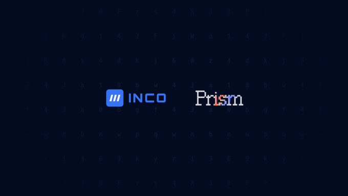 A dark background with faint keyboard characters displays the logos for 'INCO' and 'Prism' side-by-side.