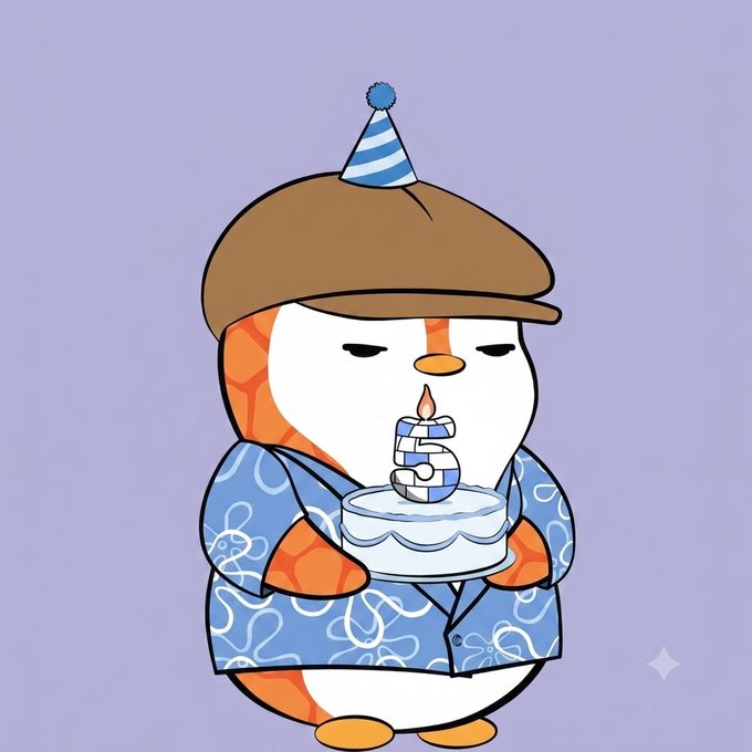 An illustrated penguin character wearing a brown newsboy cap, blue patterned shirt, and a striped party hat holds a birthday cake with a lit candle shaped like the number 5.