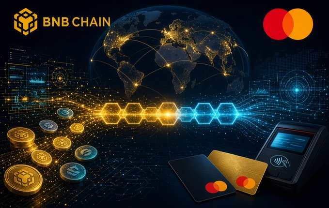 A digital promotional graphic for BNB Chain and Mastercard showing a glowing world map, cryptocurrency coins, payment cards, and a card terminal against a high-tech background.