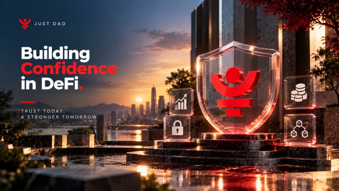Promotional banner for JUST DAO featuring the slogan 'Building Confidence in DeFi' alongside 'TRUST TODAY. A STRONGER TOMORROW.', displaying a glowing red shield logo over a sunset cityscape.