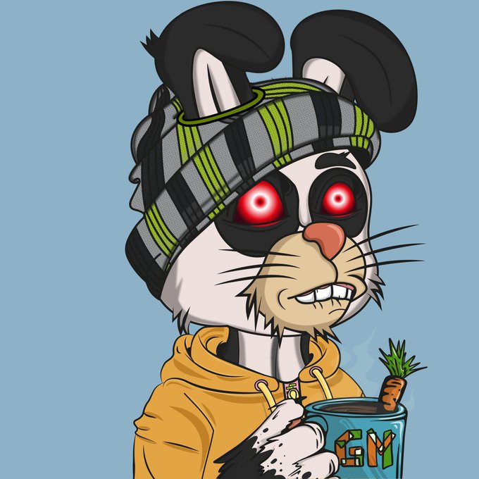 A cartoon-style illustration of a bunny character wearing a striped beanie and an orange hoodie, with glowing red eyes, holding a mug with a carrot and 'GM' lettering.