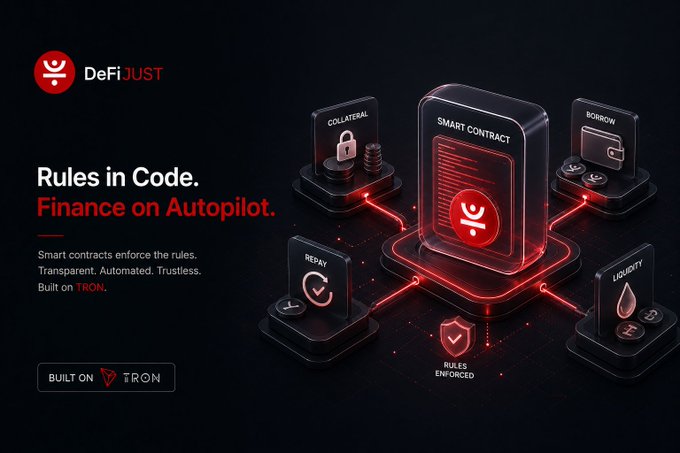A promotional graphic for DeFiJUST featuring the tagline 'Rules in Code. Finance on Autopilot.' with an isometric 3D illustration of a central 'SMART CONTRACT' connected to nodes for 'COLLATERAL', 'BORROW', 'REPAY', and 'LIQUIDITY', noted as 'BUILT ON TRON'.