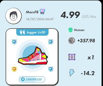 A digital profile card displays the username 'MaruFB' with a date of 14/07/2026 06:07, showing a 'Jogger Lv30' achievement, a rating of 4.99 GST/Min, 248098220 coins, and an animated colorful running shoe icon.