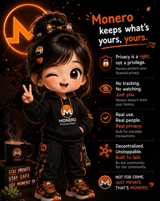 A promotional graphic for Monero cryptocurrency featuring a chibi-style anime girl in black Monero hoodie making a peace sign, with text 'Monero keeps what's yours, yours.' and bullet points about privacy features.