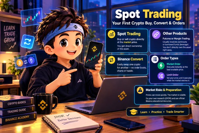 An illustrated trading guide titled 'Spot Trading: Your First Crypto Buy, Convert & Orders' featuring a cartoon trader with sections on Spot Trading, Binance Convert, Order Types, and Market Risks.