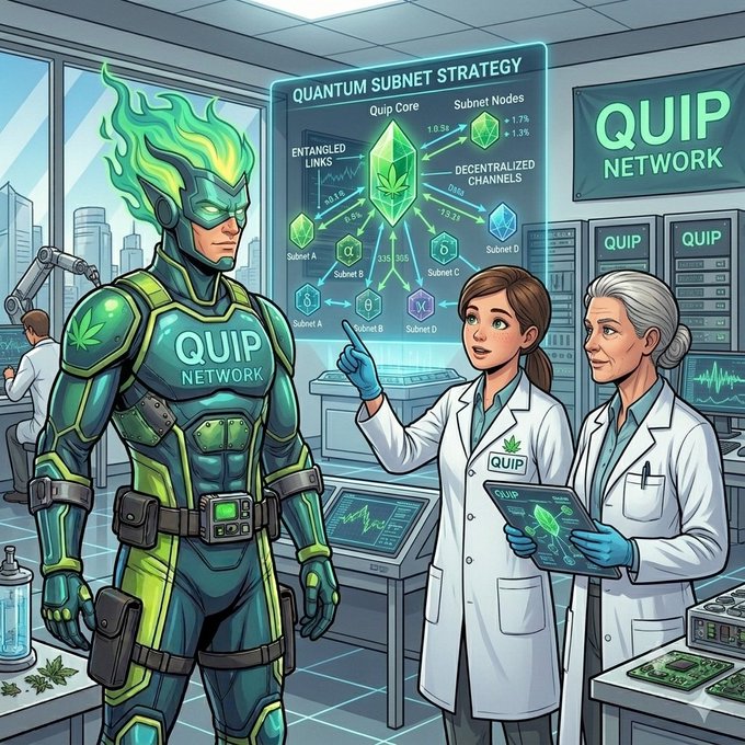 A futuristic lab scene featuring a green-suited 'QUIP NETWORK' character with flame-like hair alongside two scientists discussing quantum subnet strategy on a holographic display.