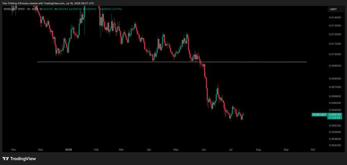 The image is a TradingView daily candlestick chart of the ROSE/USDT pair on Binance, dated July 16, 2026, showing a sharp downtrend from ~$0.13 in late 2025 to a flat, low-volatility consolidation around $0.056 in July 2026—visually confirming the post's observation that ROSE is currently "looking flat" and awaiting upward movement.