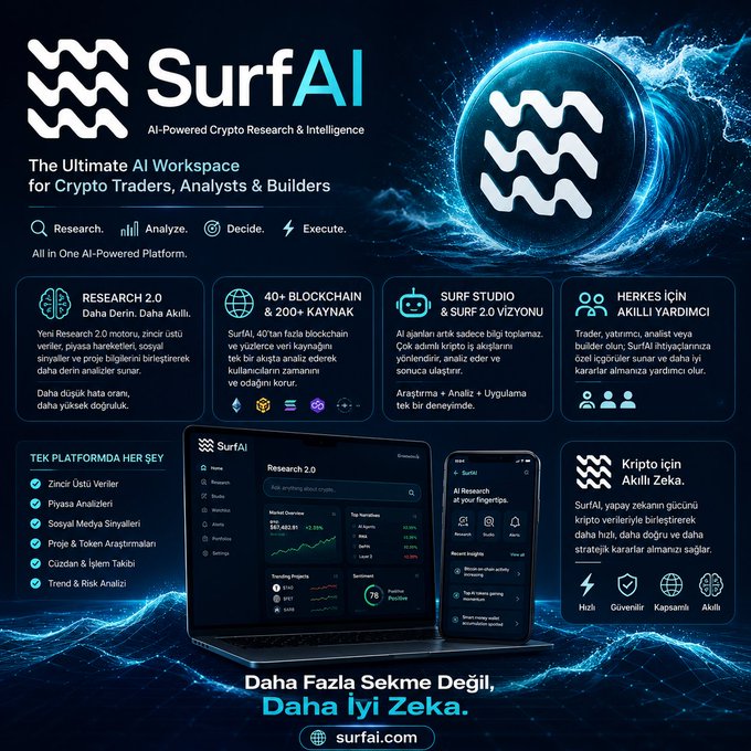 The image features an advertisement for SurfAI, a cryptocurrency trading platform. It showcases a laptop computer with a surf AI interface displayed on its screen, along with a wave-like design that represents the crypto world. The text in the image highlights the recent evolution of SurfAI from being just a research tool to a comprehensive AI workspace for the crypto ecosystem. The post mentions that the new Research 2.0 update is drawing attention and emphasizes the platform's focus on providing deeper insights into the crypto market.