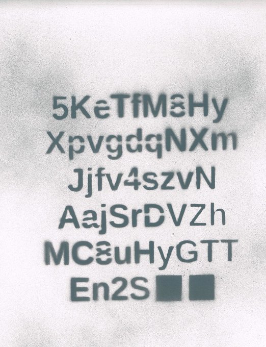 An image showing a block of alphanumeric characters arranged in six lines, with the bottom right corner partially obscured by gray boxes.