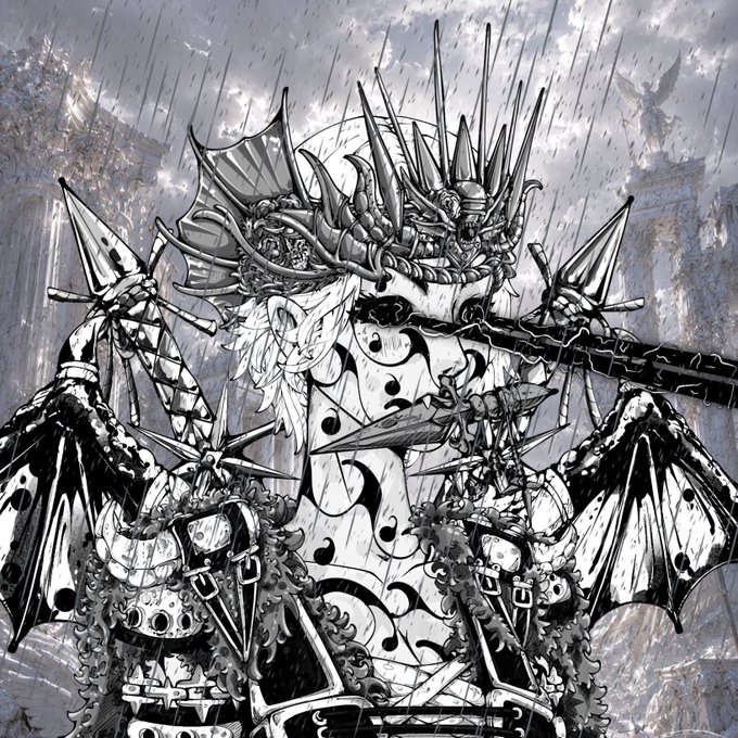 A black and white illustration depicts a heavily armored fantasy figure adorned with numerous spikes, horns, and bat-like wings, wielding a large weapon in a gothic setting. The intricate, edgy artwork complements the post's message about self-care and appreciation, matching the intense, alternative aesthetic celebrated by the tagged artist @inkedtoshiNFT.