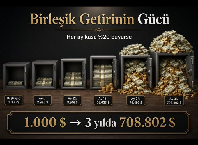 A Turkish-language infographic titled "Birleşik Getirinin Gücü" (The Power of Compound Yield) displays six progressively overflowing safes illustrating 20% monthly growth, showing $1,000 growing to $2,986 (month 6), $8,916 (month 12), $26,623 (month 18), $79,497 (month 24), and $708,802 (month 36). The visual reinforces the post's motivational message about discipline and perseverance in trading by demonstrating how compounded returns can turn a modest $1,000 investment into over $700,000 in just three years.