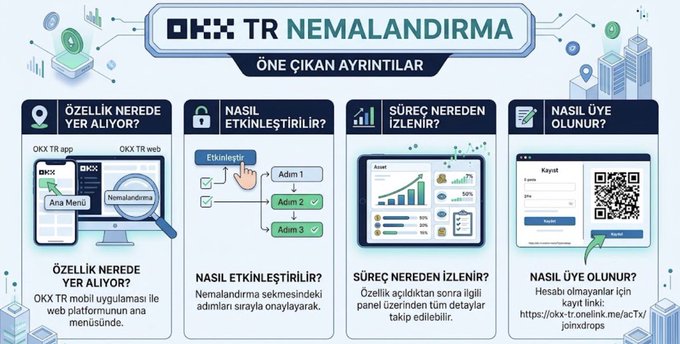 An infographic titled "OKX TR NEMALANDIRMA" explaining the OKX TR staking feature across four panels—location (OKX TR app/web), activation (confirming steps), tracking (via panel/data on the right side), and membership (QR code or join link at "https://okx-tr.onelink.me/acTv/joindrops")—visually mirrors the post's breakdown of the staking process.