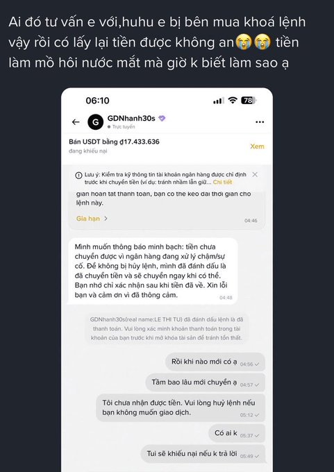 Vietnamese complaint message about being locked out of an order, accompanied by a Telegram chat screenshot with 'GDNhanh30s' showing a discussion about a frozen USDT balance of ₫17,433,636 and account verification issues.
