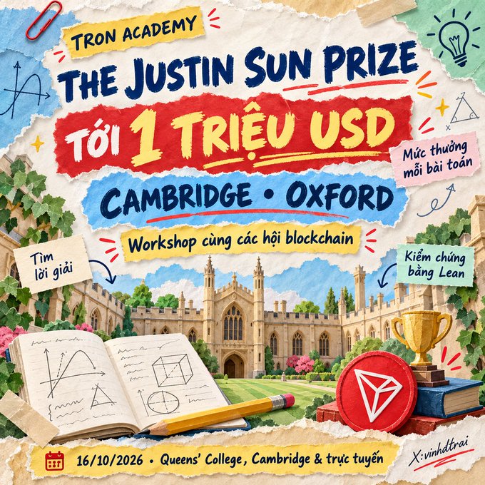 A colorful illustrated poster for 'TRON ACADEMY THE JUSTIN SUN PRIZE' offering 'Tới 1 TRIỆU USD' at 'CAMBRIDGE • OXFORD', featuring a notebook with math diagrams, a Cambridge college building, and a TRON coin on a stack of books.