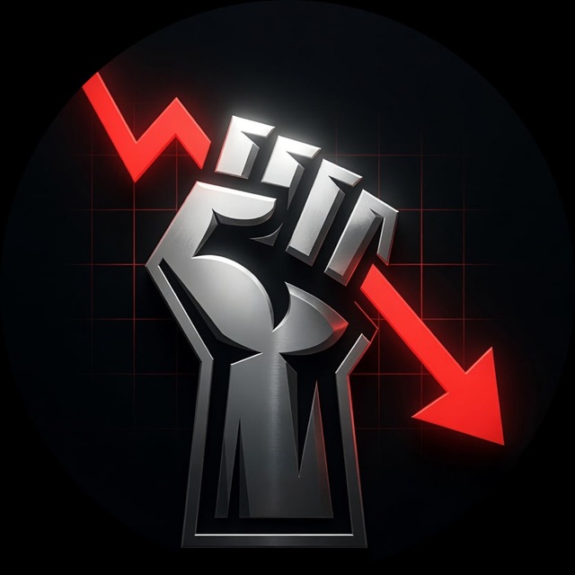 A circular emblem featuring a raised silver fist with a red downward-pointing arrow overlaid against a dark grid background.