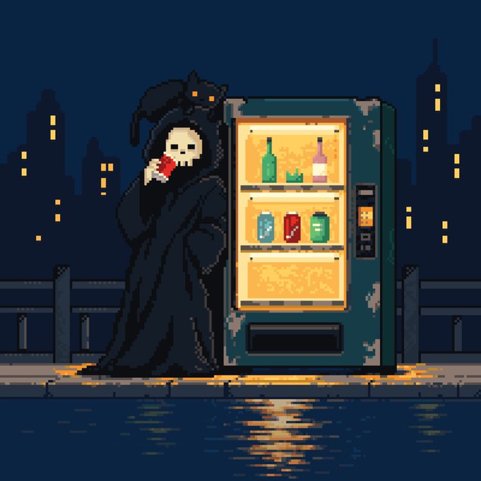 Pixel art illustration of a grim reaper character drinking from a red can next to a glowing vending machine by a waterfront at night.