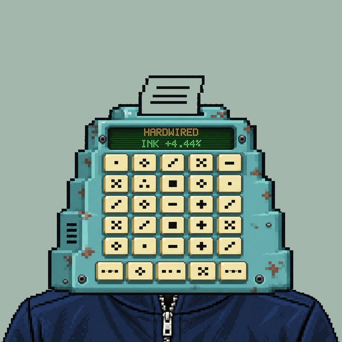 Pixel art of a vintage-style teal calculator or device labeled 'HARDWIRED INK +4.4%' with a grid of mathematical symbols instead of numbers, mounted on a dark blue body.