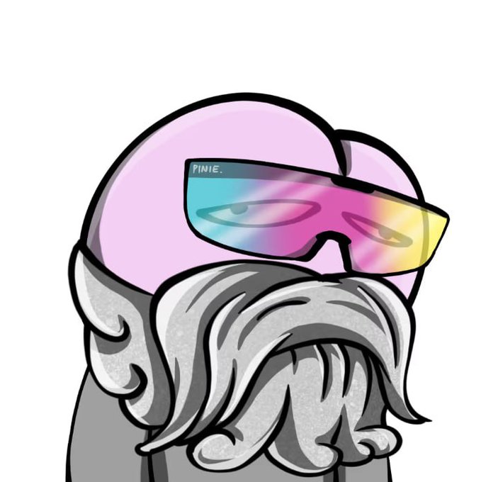 A cartoon-style character with a pink dome head, flowing white beard, and iridescent rainbow sunglasses labeled "PINIE." greets the viewer, matching the cheerful "Gm from uncle to world" morning post tagged to @pinienft.