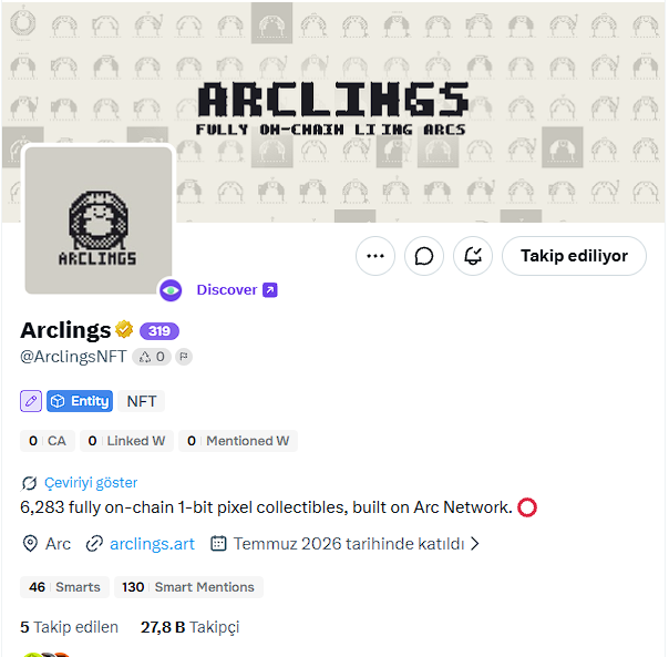 A social media profile page for 'Arclings' (@ArclingsNFT), a verified NFT entity with 27.8K followers, describing '6,283 fully on-chain 1-bit pixel collectibles, built on Arc Network.'