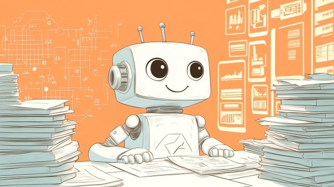 An illustrated white robot with antennae and big eyes sits at a desk between tall stacks of papers, with an orange background featuring technical charts and graphs.