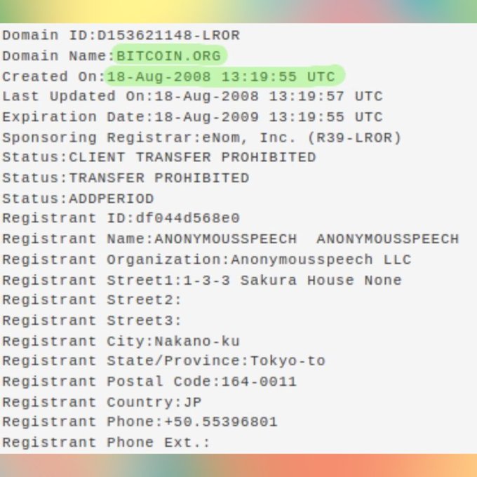 A domain registration record for BITCOIN.ORG (Domain ID: D153621148-LROR), created on 18-Aug-2008 13:19:55 UTC, with registrant listed as ANONYMOUSSPEECH from Anonymousspeech LLC in Nakano-ku, Tokyo-to, Japan.