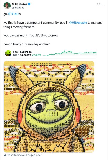 A tweet by Mike Dudas (@mdudas) features "The Toad Pepe" meme alongside a chart showing TOAD up 15.60% to $0.00228, with the post celebrating HBAcrypto taking on a community lead role. The accompanying commentary highlights TOAD as a buying opportunity, citing Mike's announcement, chart breakout, and whale accumulation as bullish signals.