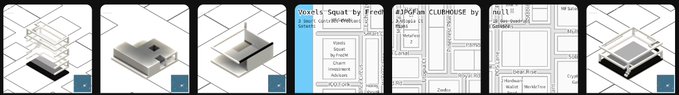A series of six thumbnail sketches showing architectural diagrams, 3D building models, and web interface mockups—including text like "Pixels Squat by Fred", "CLUBHOUSE", "Squid", and "Forest"—representing work-in-progress thumbnail designs, matching the creator's note about still working on the thumbnails.