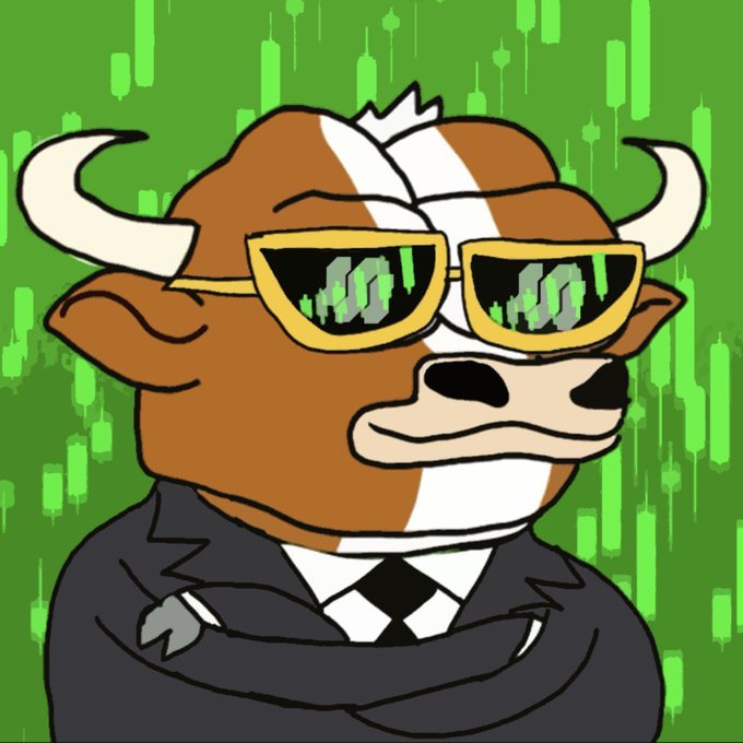 A cartoon bull character wearing a black suit and reflective sunglasses that display stock charts, set against a green background with candlestick price patterns.