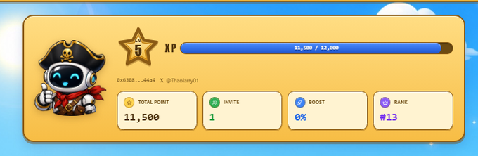 A game or app interface profile banner showing a pirate robot avatar, Level 5, with XP at 11,500/12,500, and stats for Total Point, Invite, Boost, and Rank.