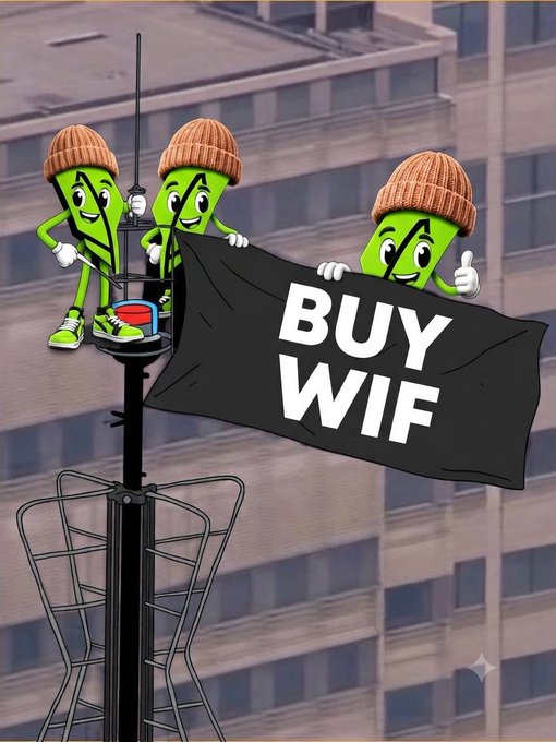 A cartoon illustration depicts three anthropomorphic green arrow characters wearing orange beanie hats and sneakers, holding a black flag with the white text 'BUY WIF' next to a TV antenna on a building rooftop.