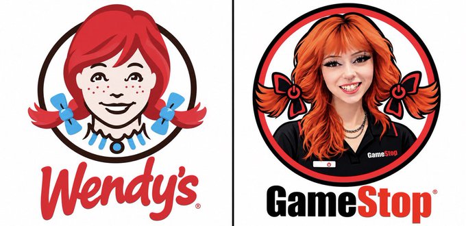 The image is a side-by-side comparison showing Wendy's iconic red-haired, pigtailed logo girl next to a GameStop employee with strikingly similar red pigtails and a uniform, humorously highlighting their visual resemblance. Both logos/imagery are displayed in circular frames, with "Wendy's" and "GameStop" text visible below, playing off the social media post joking about the uncanny similarity between the two redheads.
