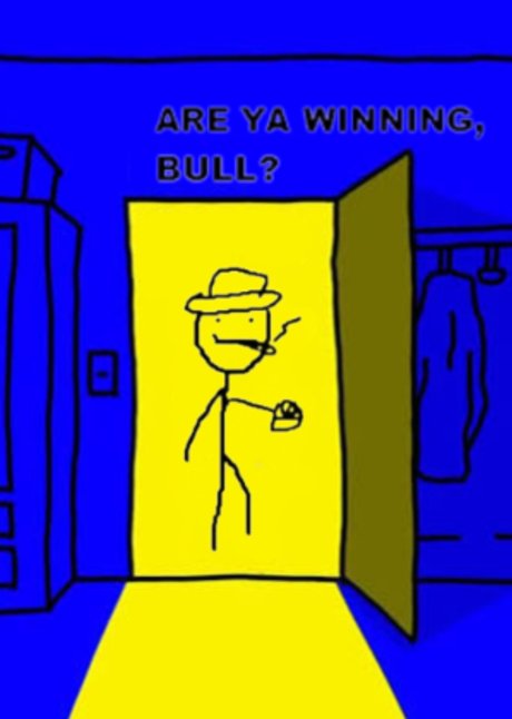 A crude cartoon sketch shows a stick figure in a cowboy hat smoking a cigarette, standing in a doorway with the text "ARE YA WINNING, BULL?" floating above, directly echoing the post's caption referencing the $BULL ticker.