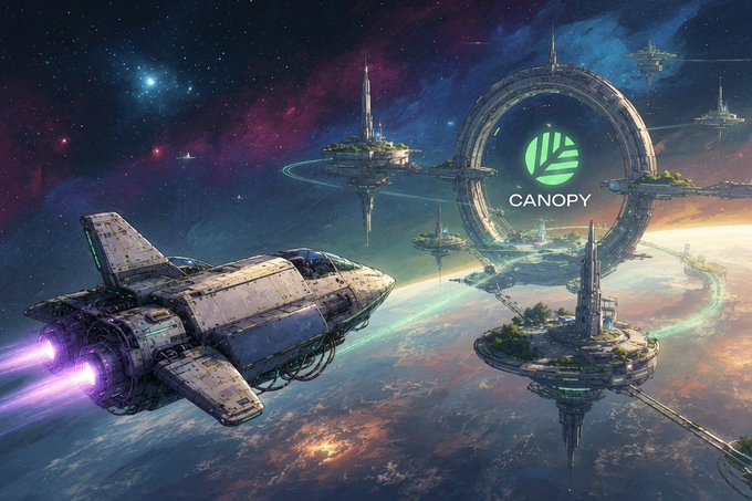 A sci-fi digital artwork showing a spaceship flying through space past a futuristic space station with the 'CANOPY' logo, with a planet and starfield in the background.