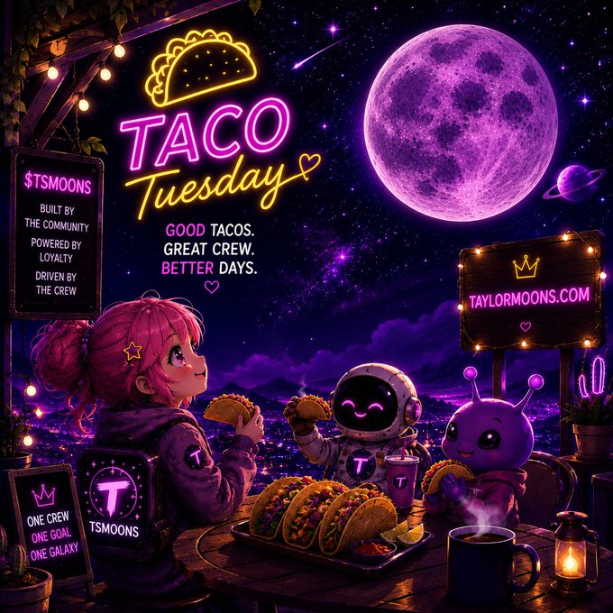 A vibrant neon-style illustration for "TACO Tuesday" by $TSMOONS featuring a pink-haired anime character, an astronaut, and a purple alien enjoying tacos under a large purple moon, with tags "GOOD TACOS. GREAT CREW. BETTER DAYS" and website TAYLORMOONS.COM.
