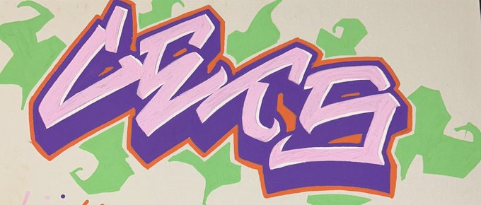 Colorful graffiti-style artwork spelling 'UMG' in pink and purple letters with orange outlines on a light background with green paint splashes.