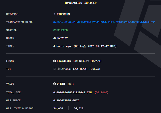 A blockchain transaction explorer screen showing a completed Ethereum transaction from Flowdesk Hot Wallet to Ethena ENA contract, with details including hash, block number 25687927, and gas fees.