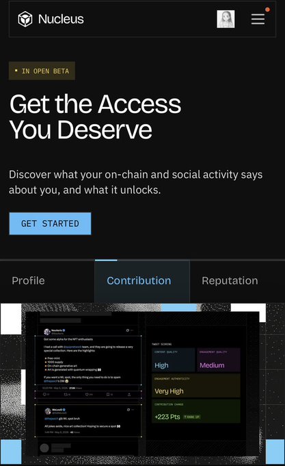 A screenshot of the Nucleus website homepage displaying 'Get the Access You Deserve' with 'IN OPEN BETA' tag and a 'GET STARTED' button, showing contribution and reputation tabs.