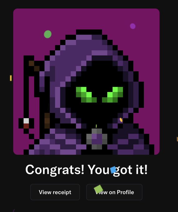 A pixel art image of a hooded figure with glowing green eyes on a purple background, with text reading 'Congrats! You got it!' and buttons for 'View receipt' and 'View on Profile'.