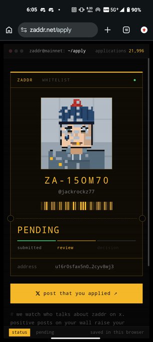 A mobile screenshot of a 'ZADDR WHITELIST' application page shows a pixel art avatar for 'ZA-150M70' by '@jackrockz77' with a 'PENDING' status bar at the bottom.