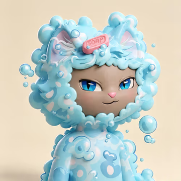 A 3D-rendered fluffy blue toy-like character with big eyes and cat ears, wearing a hood, with a small pink tag reading 'SOOP' on its head, surrounded by floating blue bubbles.
