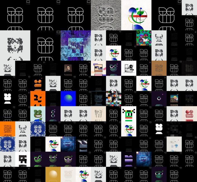 A grid collage of various internet memes and images, including distorted faces, character sprites, and abstract patterns on black and white backgrounds.