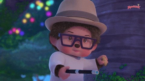 The image features a cartoon character, possibly a boy or a girl, wearing glasses and a hat while holding a stick with a ball at its end. The background of the image includes trees and colorful lights, creating an interesting and vibrant atmosphere. The caption "abracadabra" is written in white text above the image.