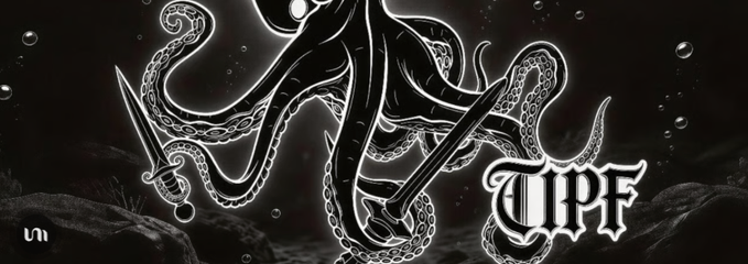 The image features a black and white illustration of an octopus with its tentacles spread out, holding a sword in one hand and a shield in the other. The background of the image is dark gray, which contrasts with the white text that reads "TIPF" at the top left corner. Below this, there are two lines of text: "研究了一段时间 TIPF" and "公开VRF". The image also includes a watermark in the bottom right corner that reads "univ-8".