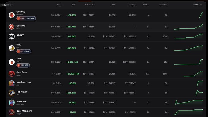 A cryptocurrency trading dashboard displaying meme coins including COWBOY (+79.13%), QualAxe (+129.48%), GBOLT (+91.56%), GNU (+146.88%), smol (+5,207.11%), and several others with price, volume, FDV, and liquidity data.
