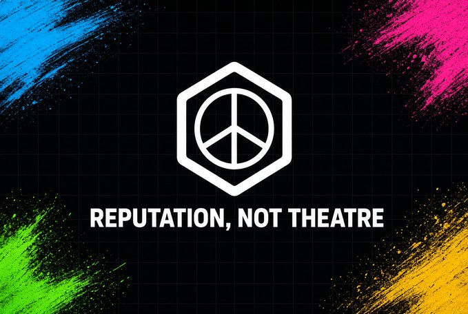 A graphic featuring a white hexagonal peace-like logo on a black grid background with colorful paint splatters (blue, pink, green, yellow) in the corners. The text below reads 'REPUTATION, NOT THEATRE'.