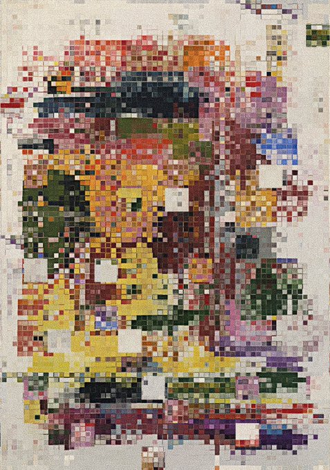 An abstract mosaic-style artwork composed of colorful pixelated squares forming an indistinct figure against a white background.