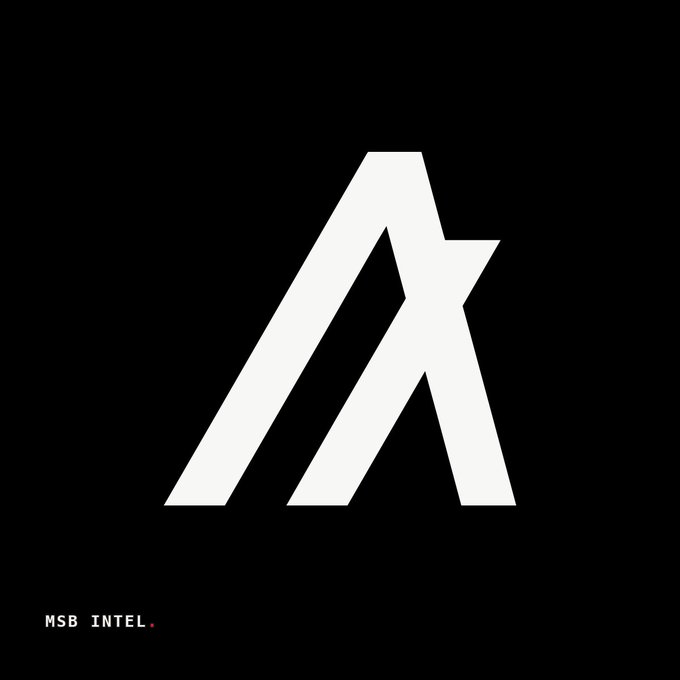 The image features a large stylized white "A" logo on a black background, with the text "MSB INTEL." in the bottom-left corner. The logo represents Algorand, the blockchain platform referenced in the post about its v5.0.0 mainnet upgrade introducing doubled smart-contract limits, post-quantum accounts, and resource-based pricing.